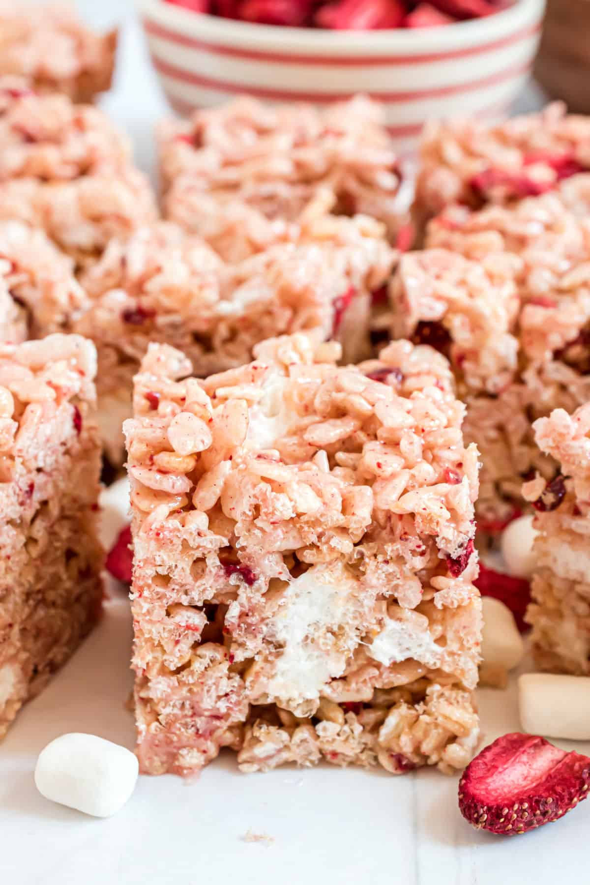 Strawberry rice krispie treats cut into bars.