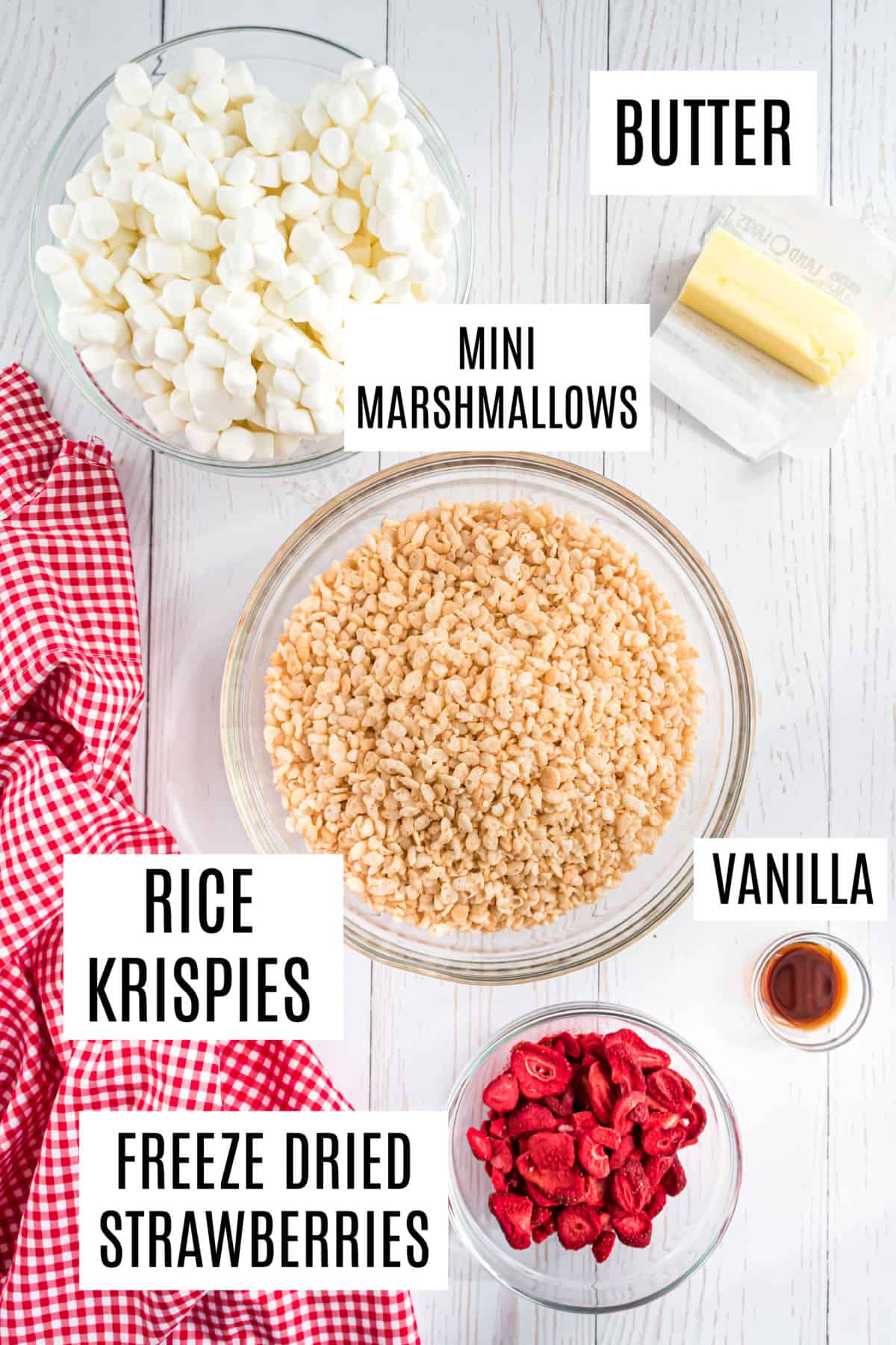 Ingredients needed to make strawberry rice krispie treats.