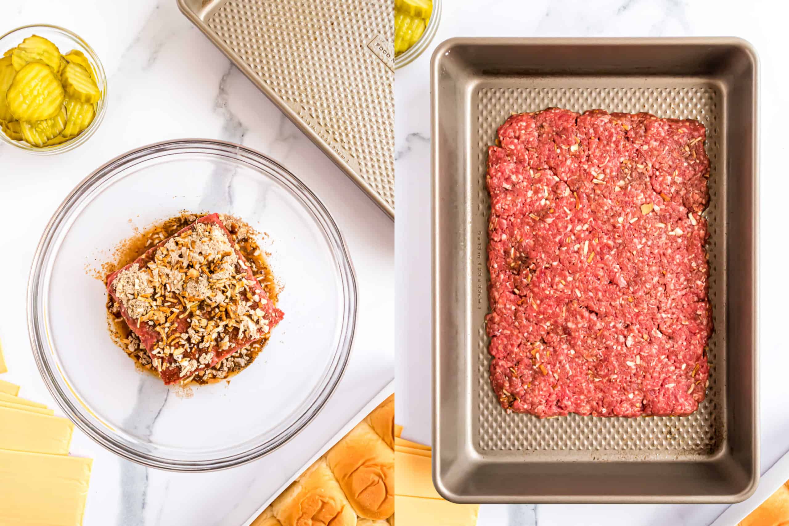 Step by step photos showing how to make white castle slider meat.