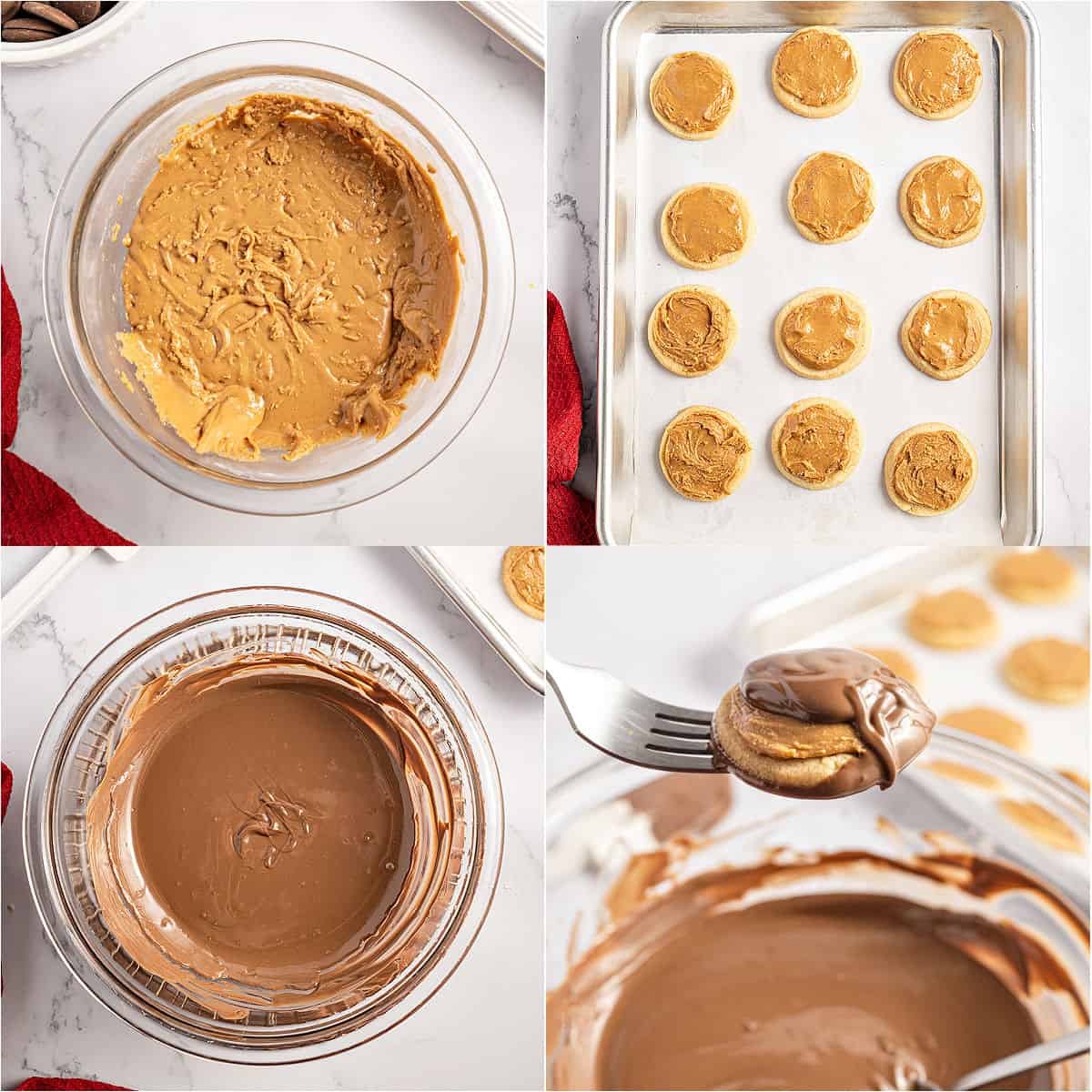 Step by step photos showing how to assemble tagalong cookies.
