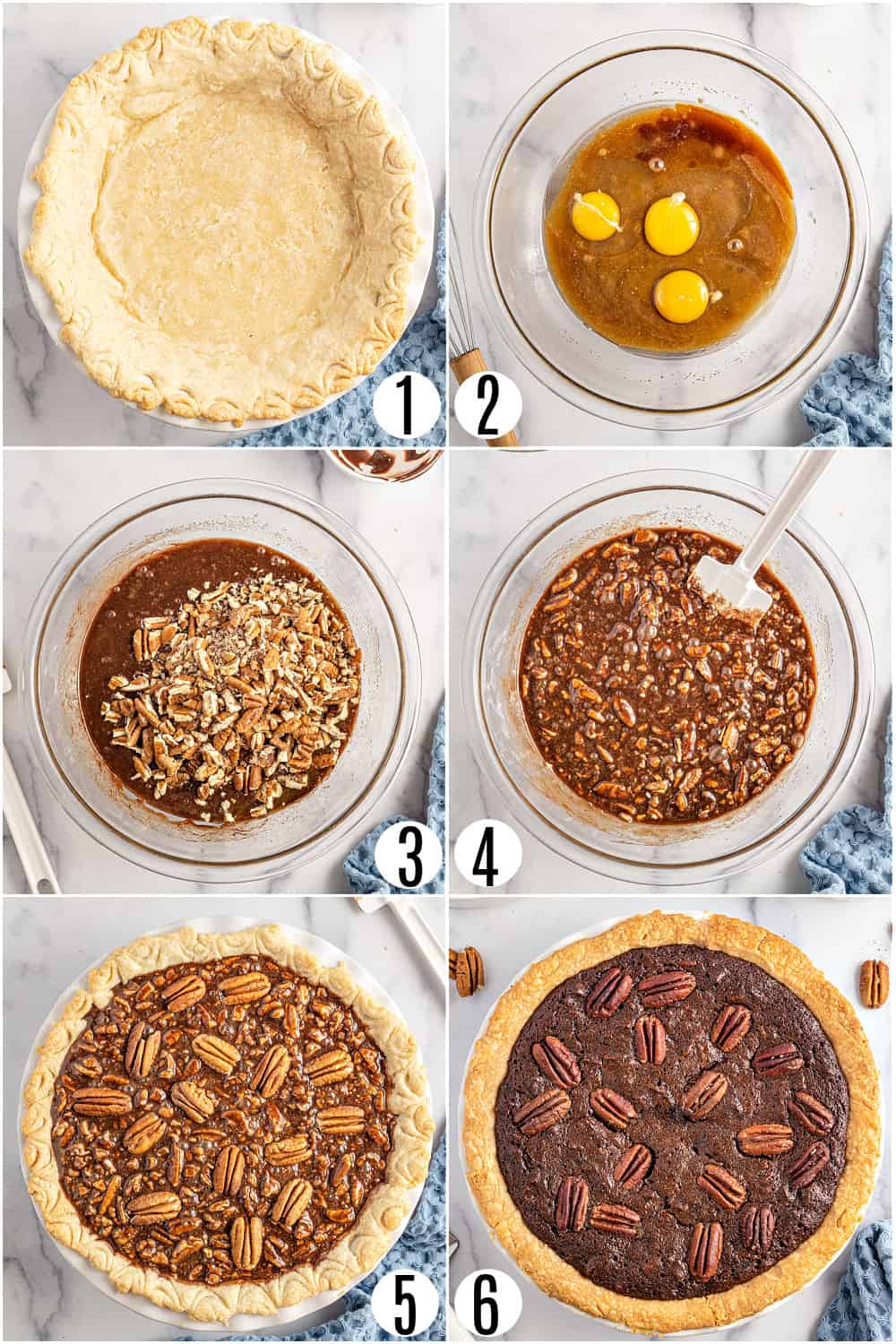 Step by step photos showing how to make chocolate pecan pie.