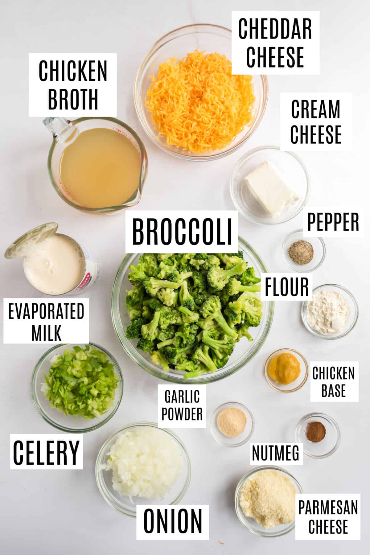 Ingredients needed to make crockpot broccoli and cheese soup.