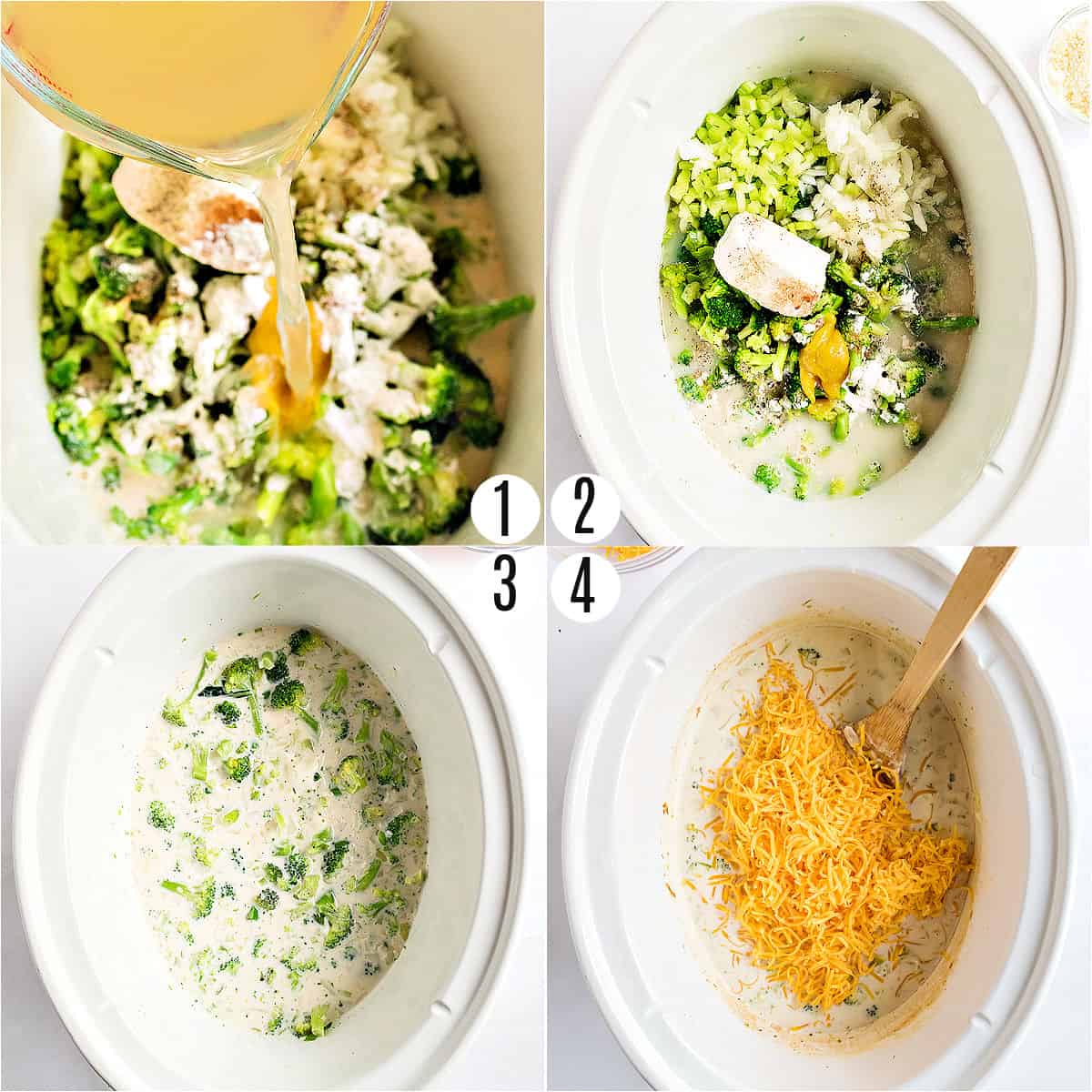 Step by step photos showing how to make crockpot broccoli cheese soup.