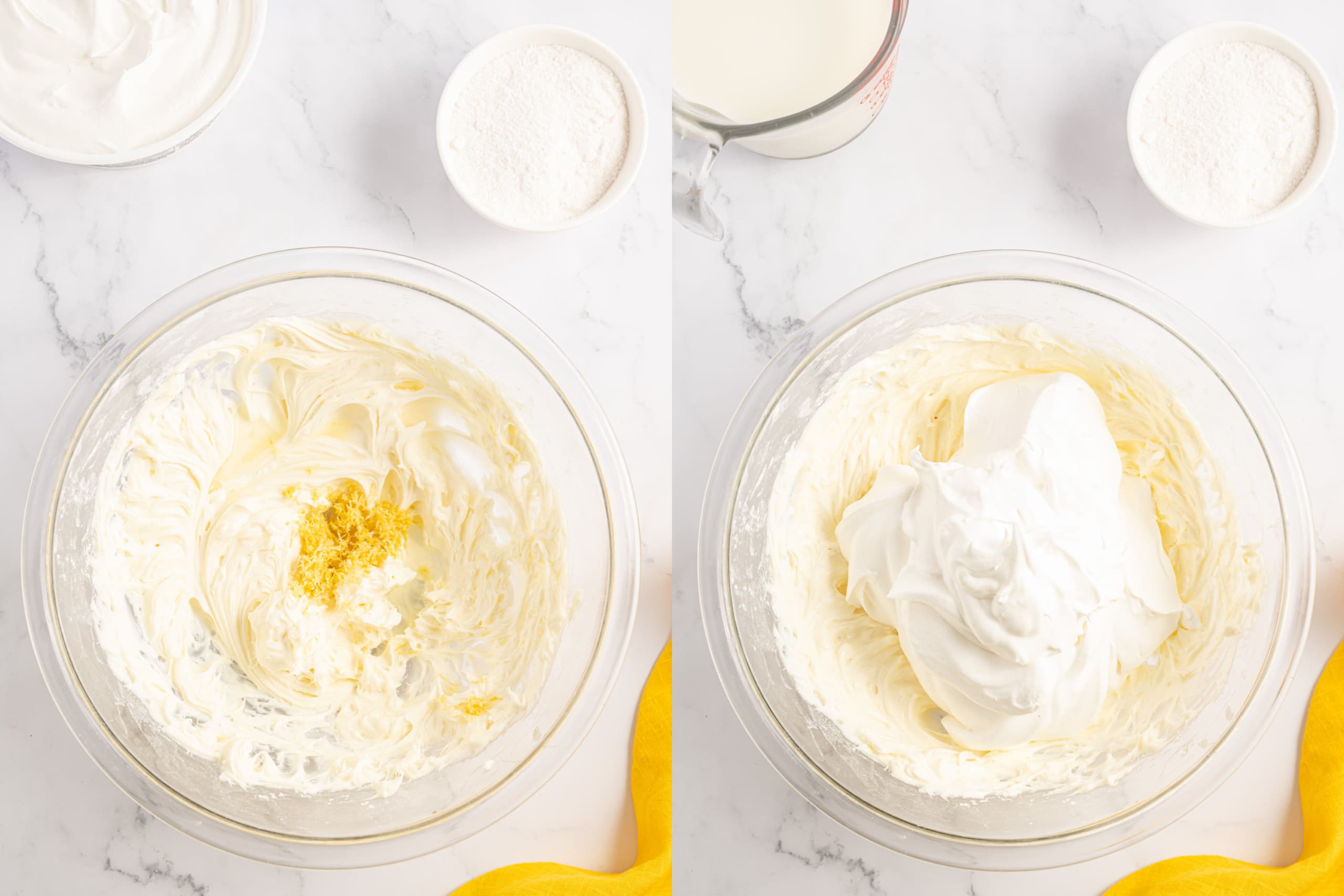 Step by step photos showing how to make lemon lush cheesecake layer.