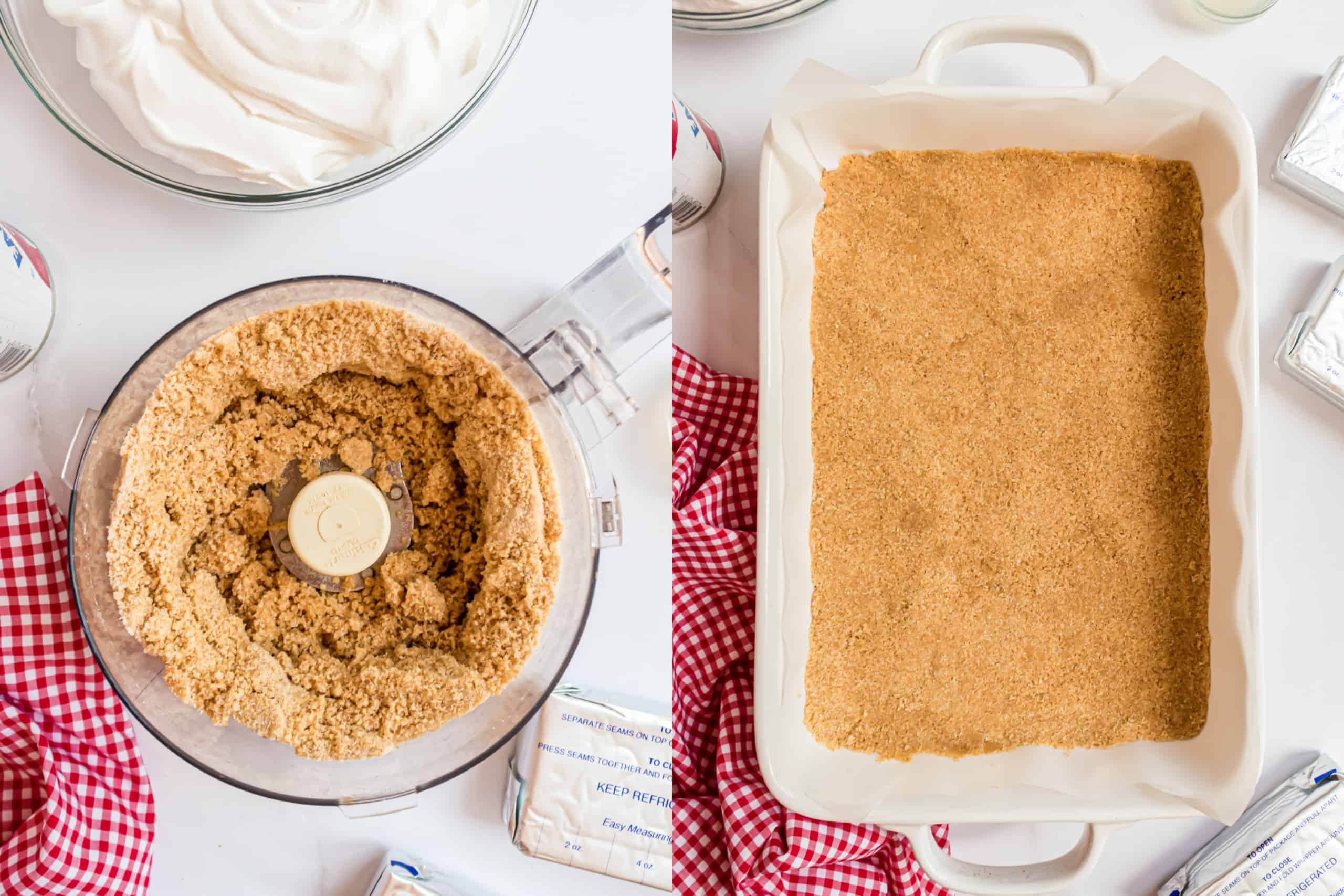 Step by step photos showing how to make cheesecake bar crust.