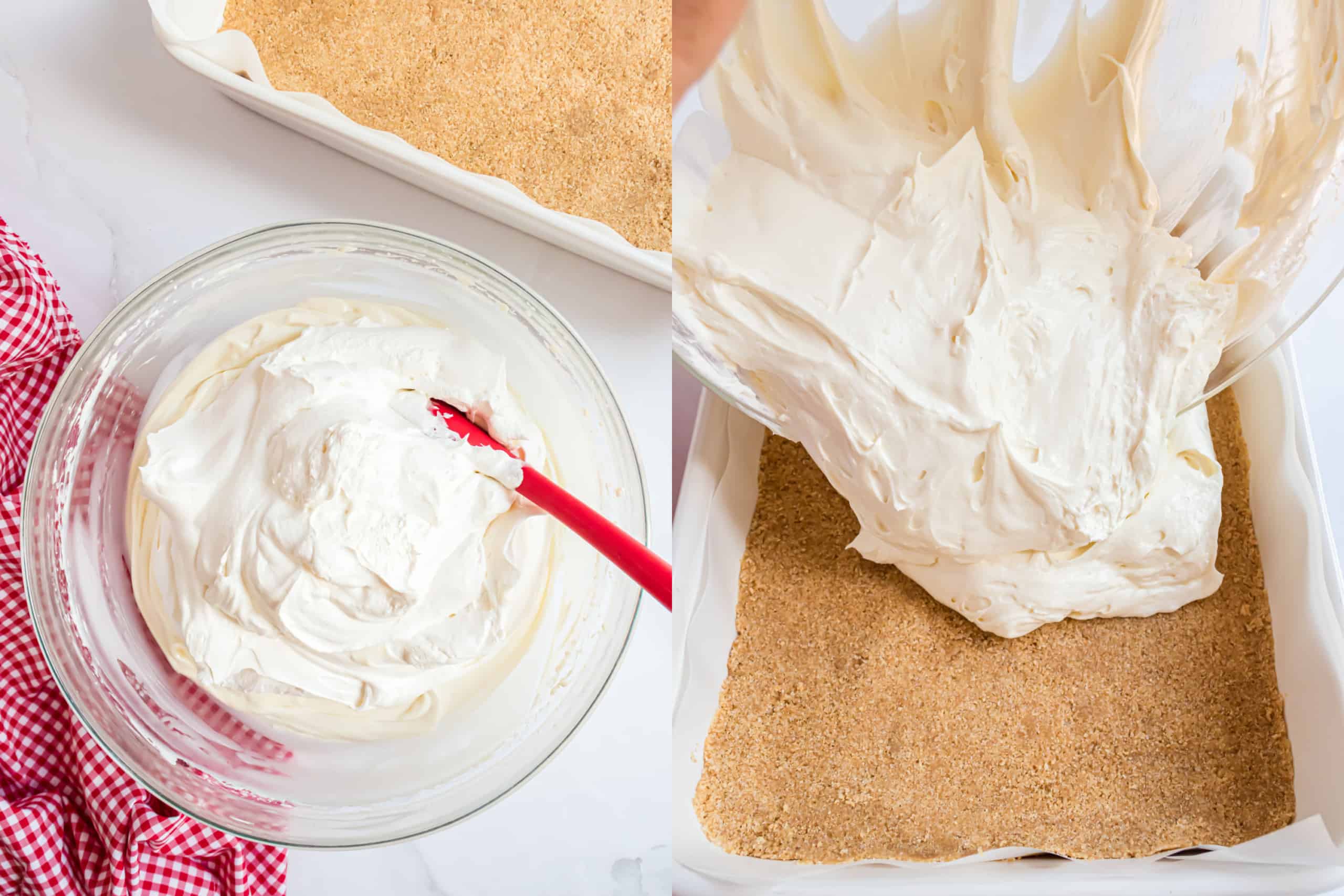 Step by step photos showing how to make cheesecake filling.