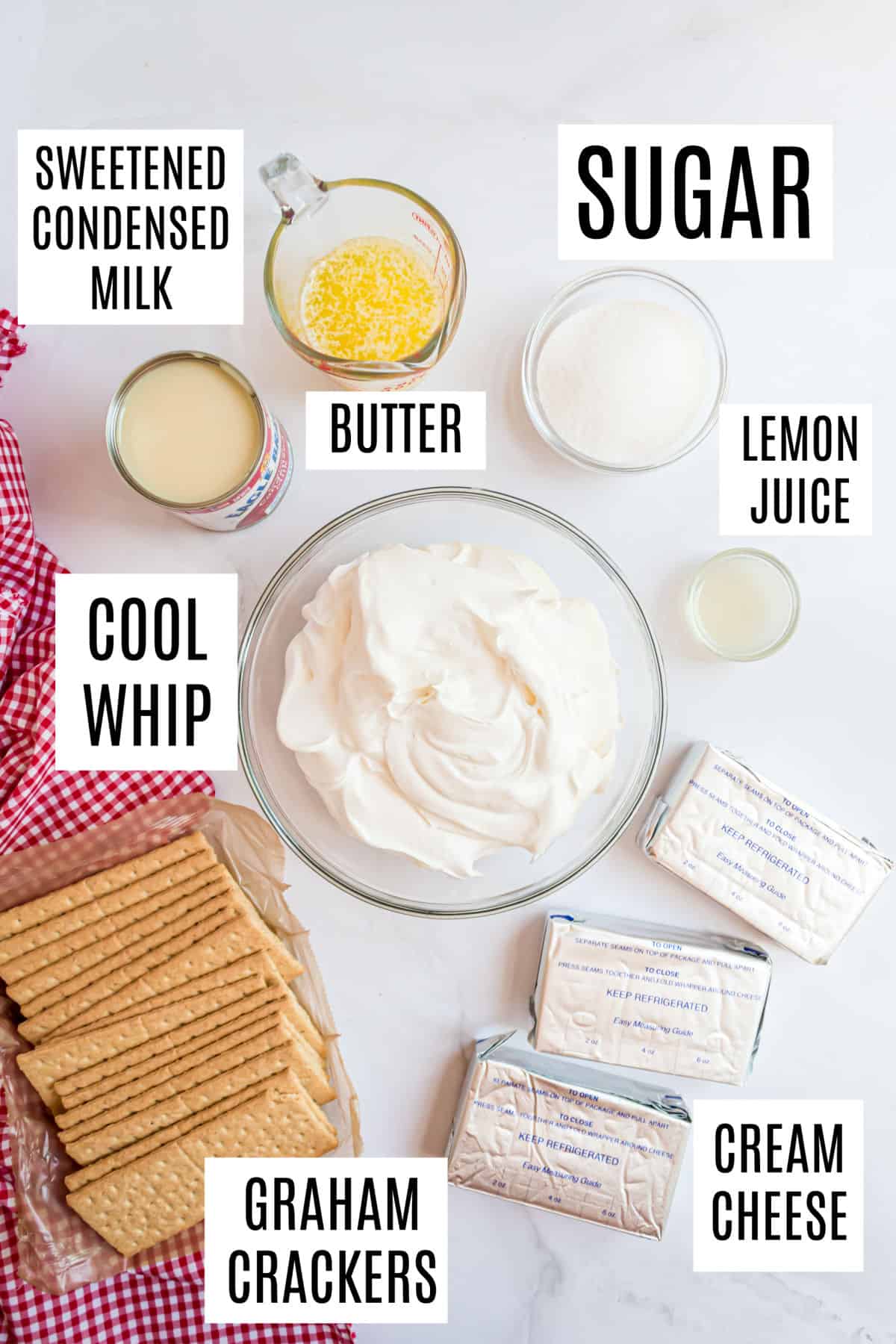 Ingredients needed to make no bake cheesecake bars.