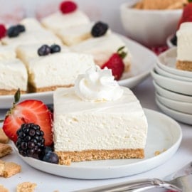 No Bake Cheesecake Bars are a fuss-free way to prep a luscious treat that sets in the fridge. You'll love how easy these are to whip up for dessert, perfect for family or crowds.