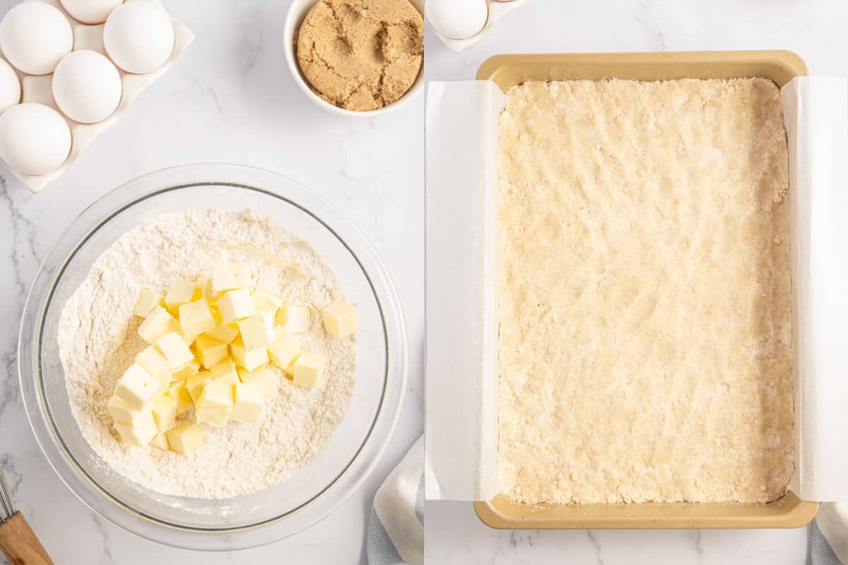 Step by step photos showing how to make pecan pie bar crust.