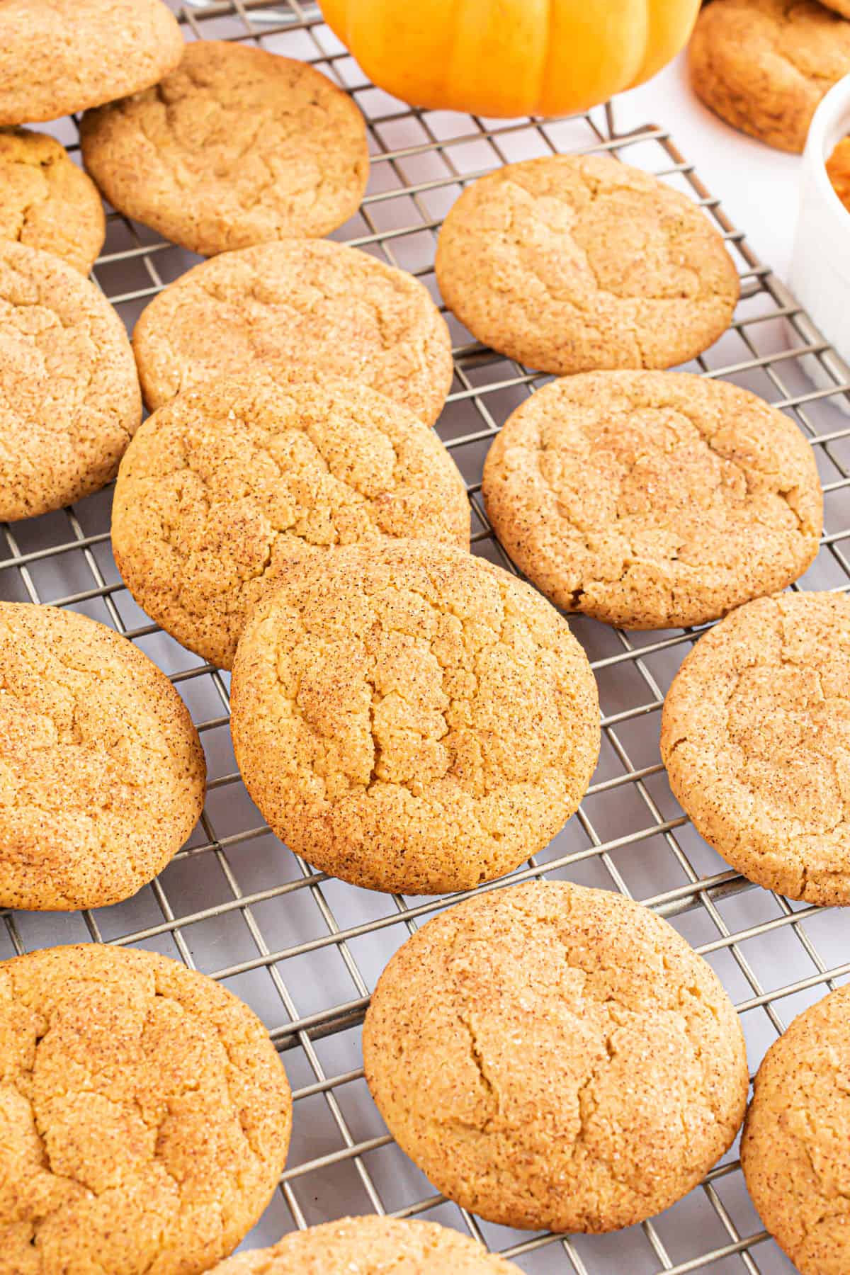 Pumpkin snickerdoodles cooling on a wire rack.