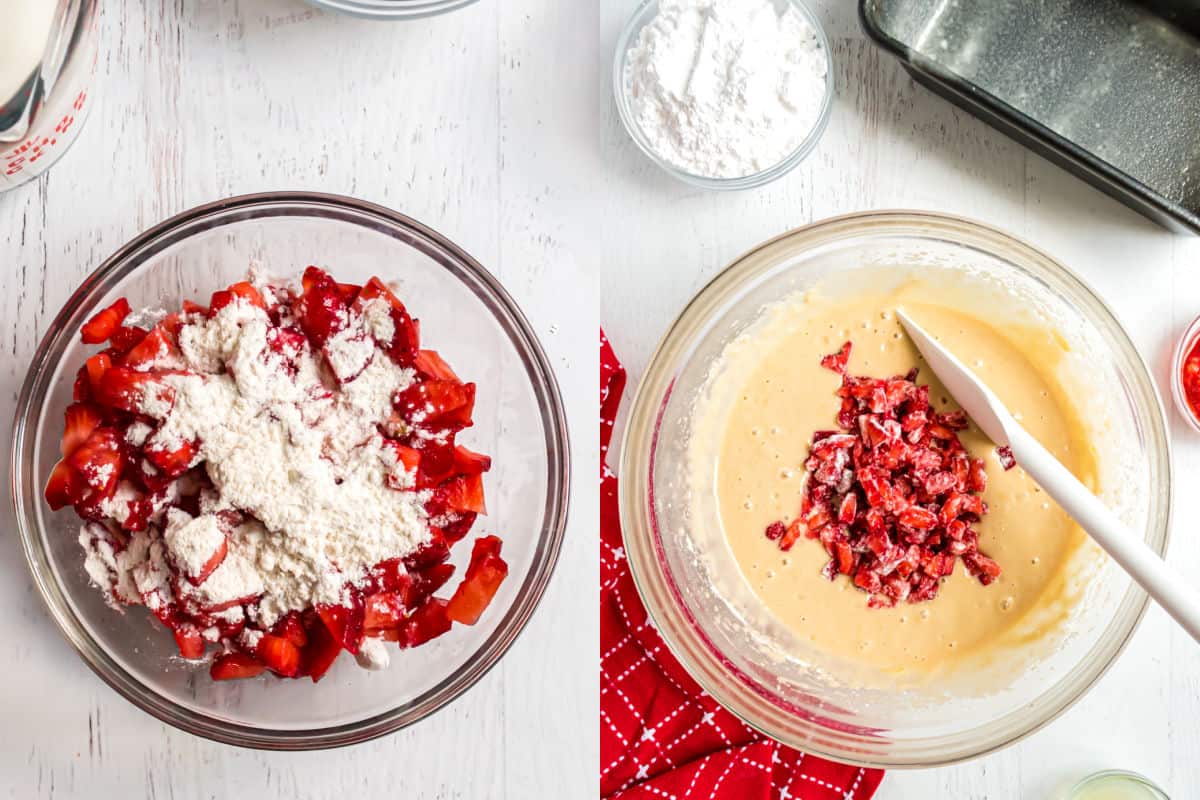 Step by step photos showing how to make strawberry bread batter.