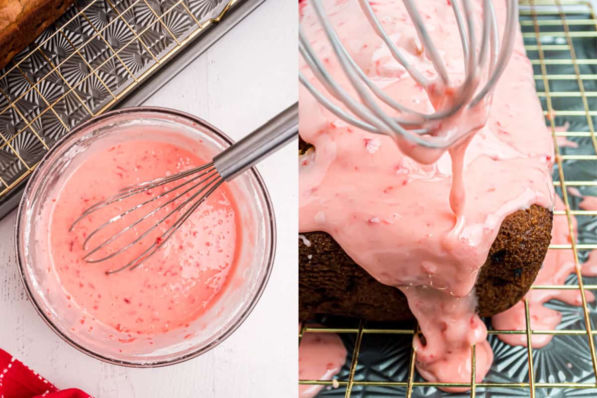 Step by step photos showing how to make strawberry icing for bread.