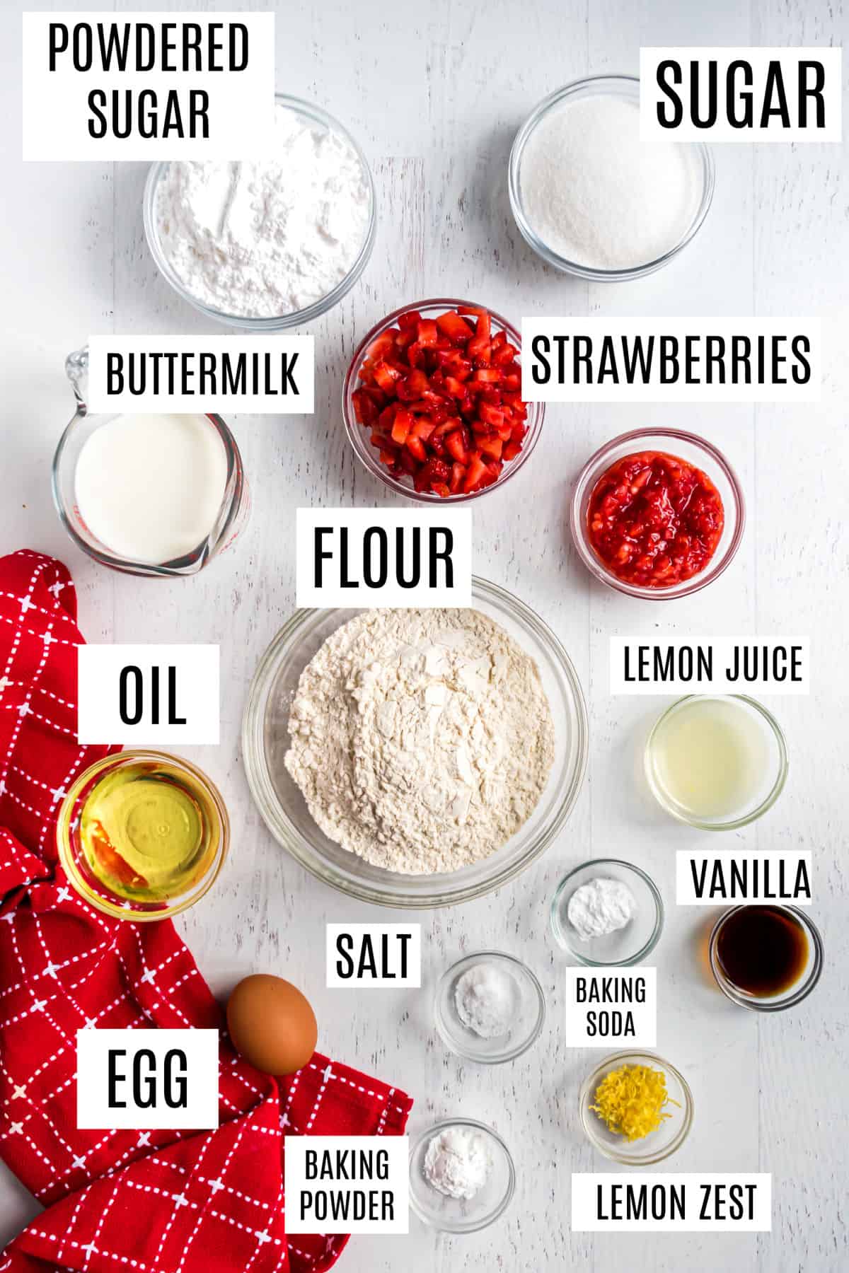 Ingredients needed to make strawberry bread.