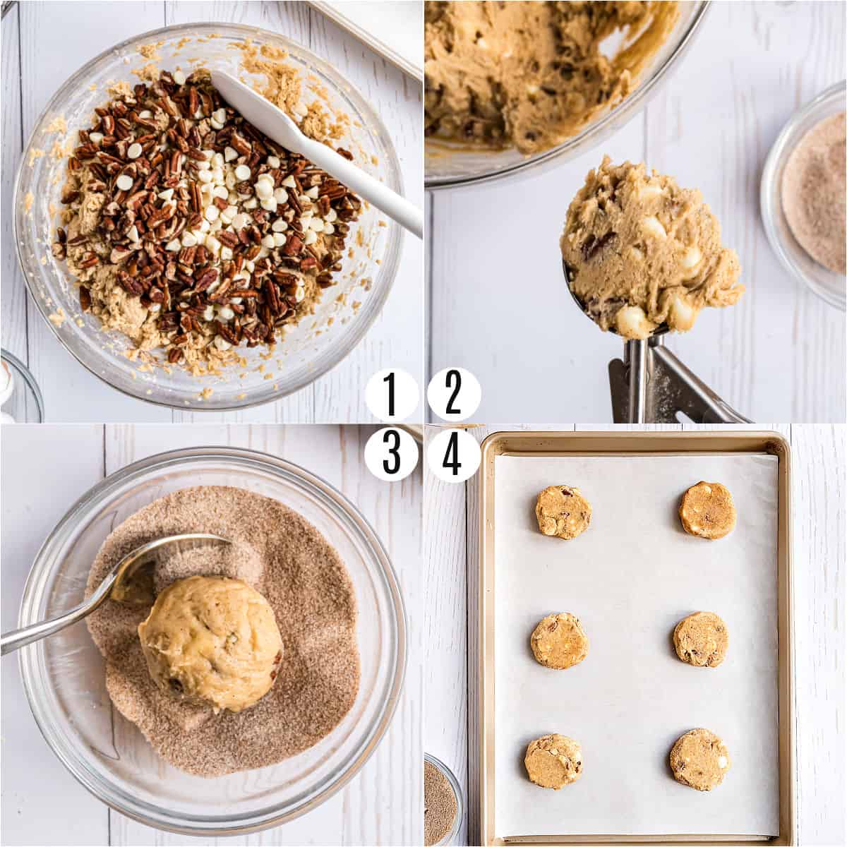 Step by step photos showing how to make cinnamon cookies.