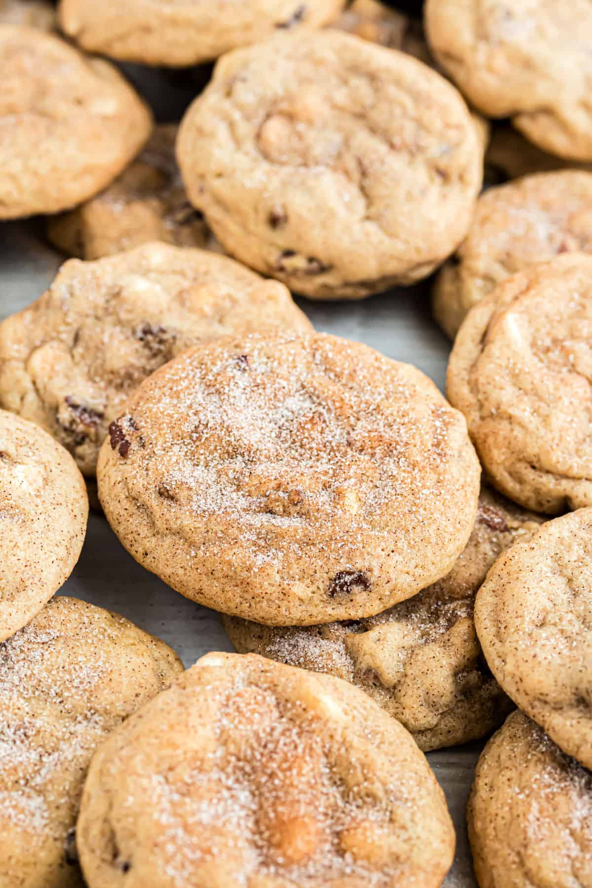 Cinnamon sugar cookies stacked on top of each other.