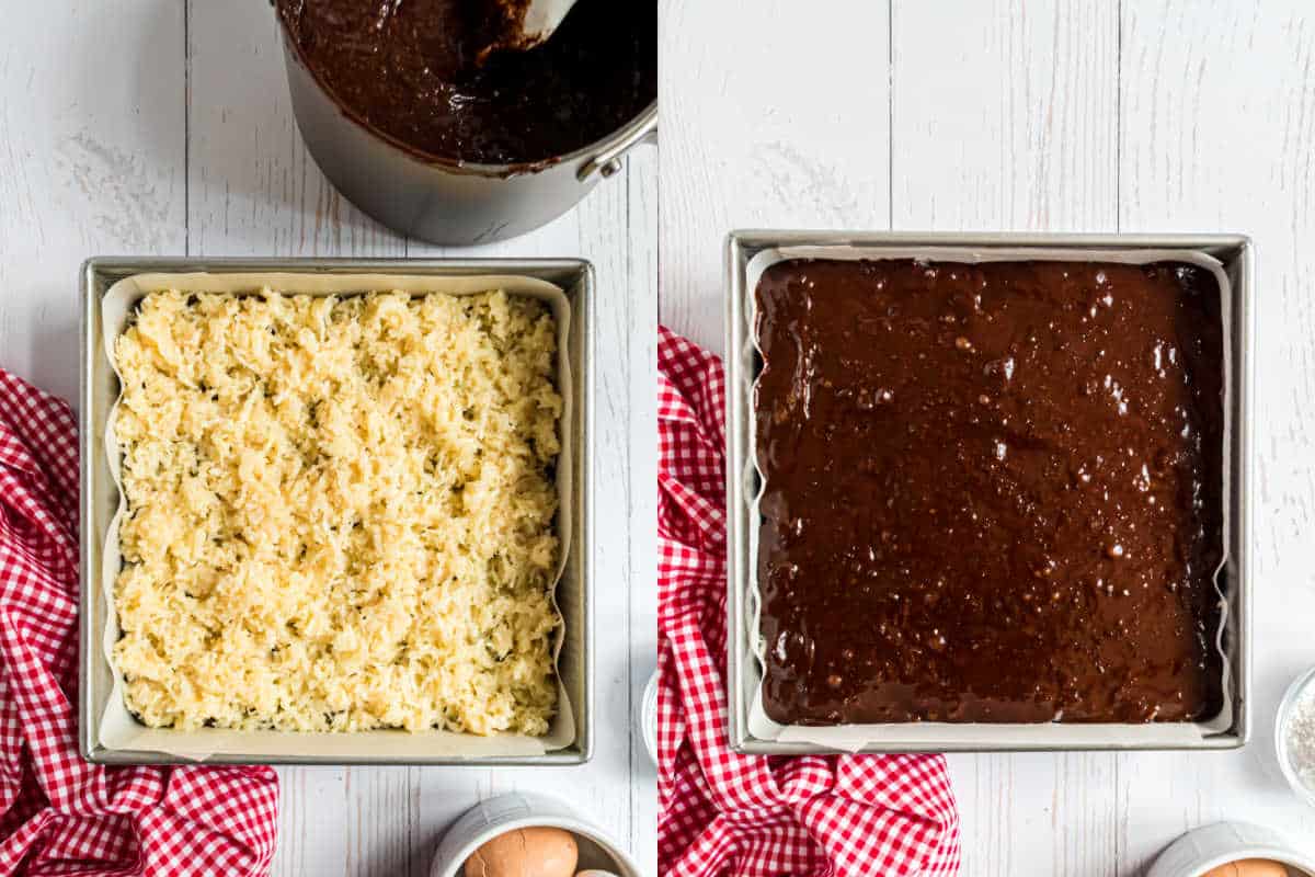 Step by step photos showing how to assemble coconut brownies.