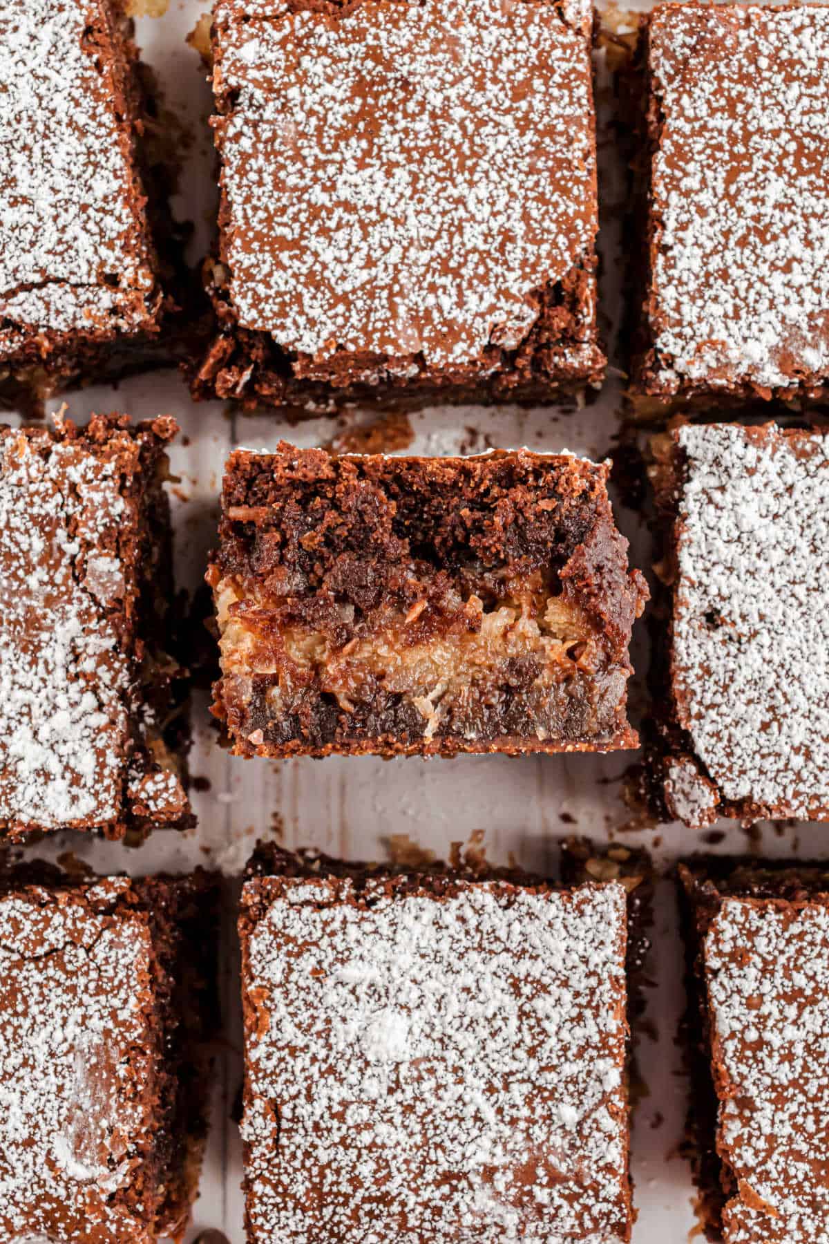 Coconut brownies cut into squares.