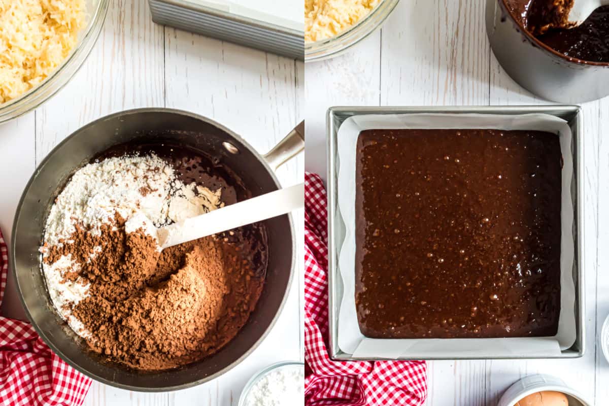 Step by step photos showing how to make fudgy brownie batter.