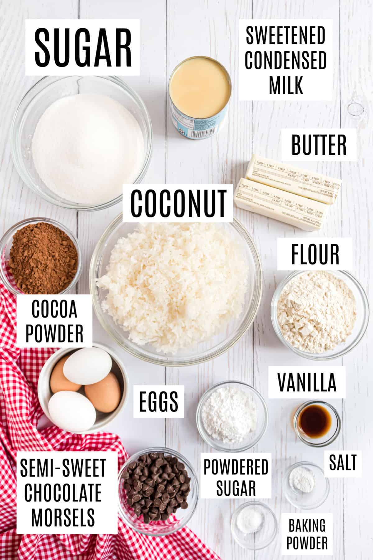 Ingredients needed to make coconut brownies.