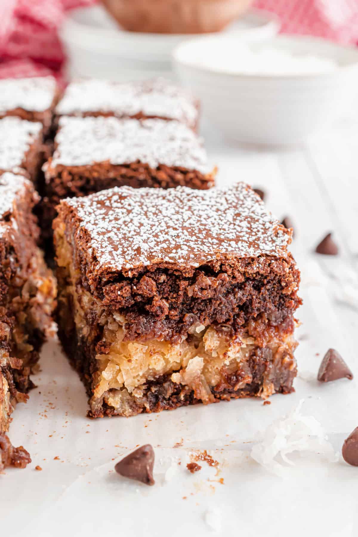 Coconut filled brownie topped with powdered sugar.