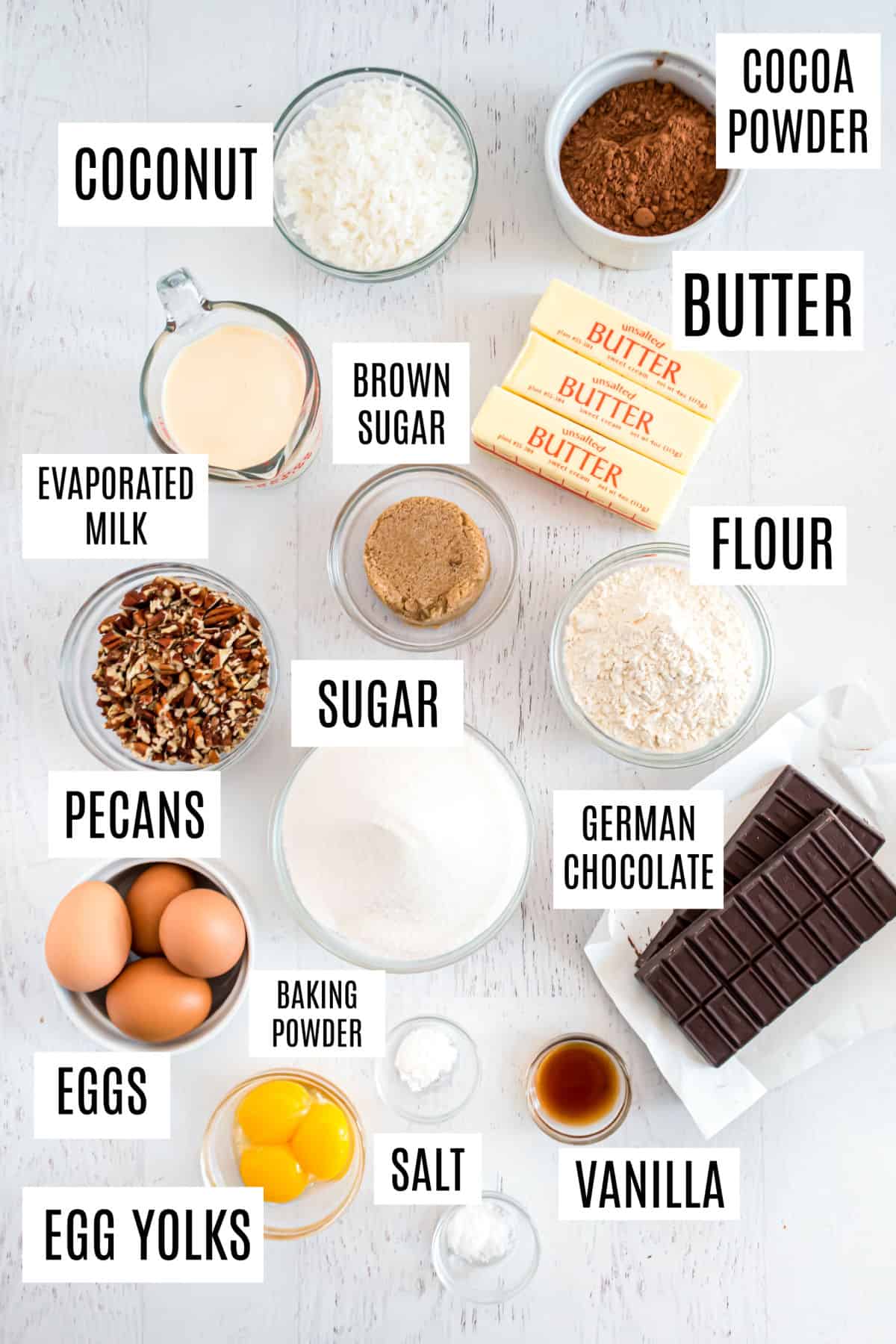 Ingredients needed to make german chocolate brownies.