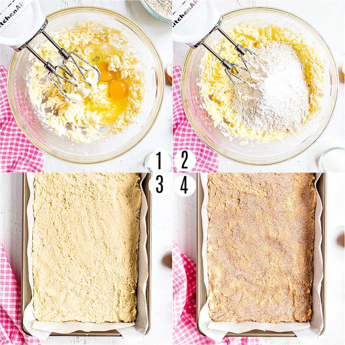 Step by step photos showing how to make snickerdoodle cookie bars.