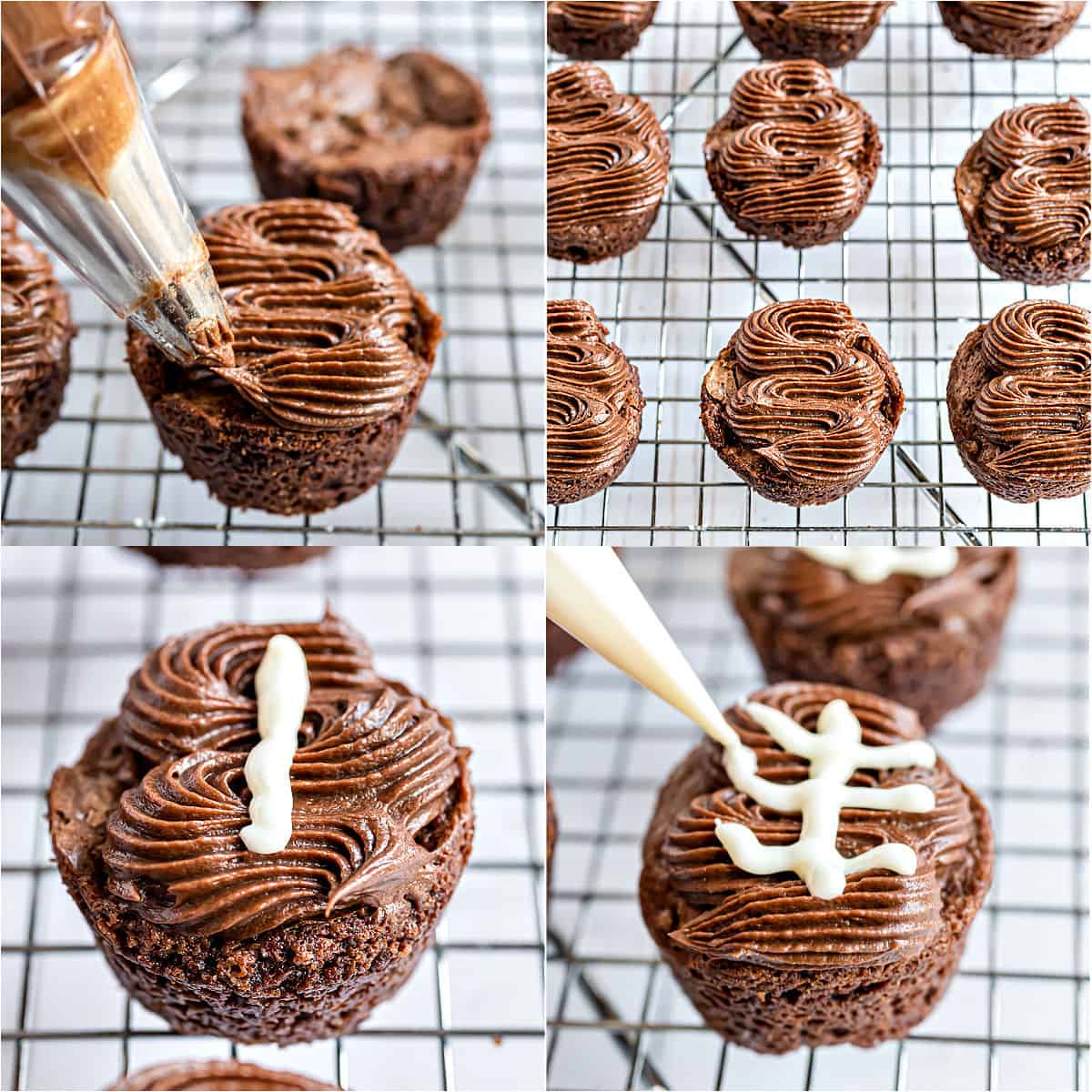 Step by step photos showing how to make brownie bite footballs.