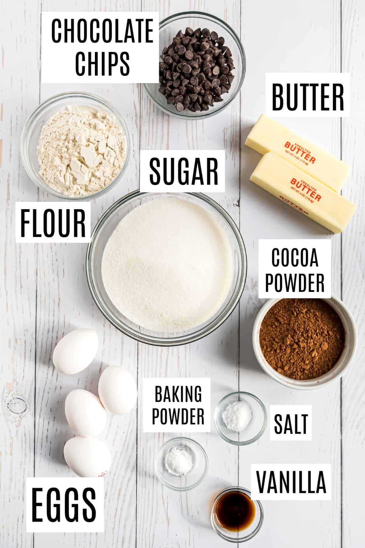 Ingredients needed to make brownie bites.