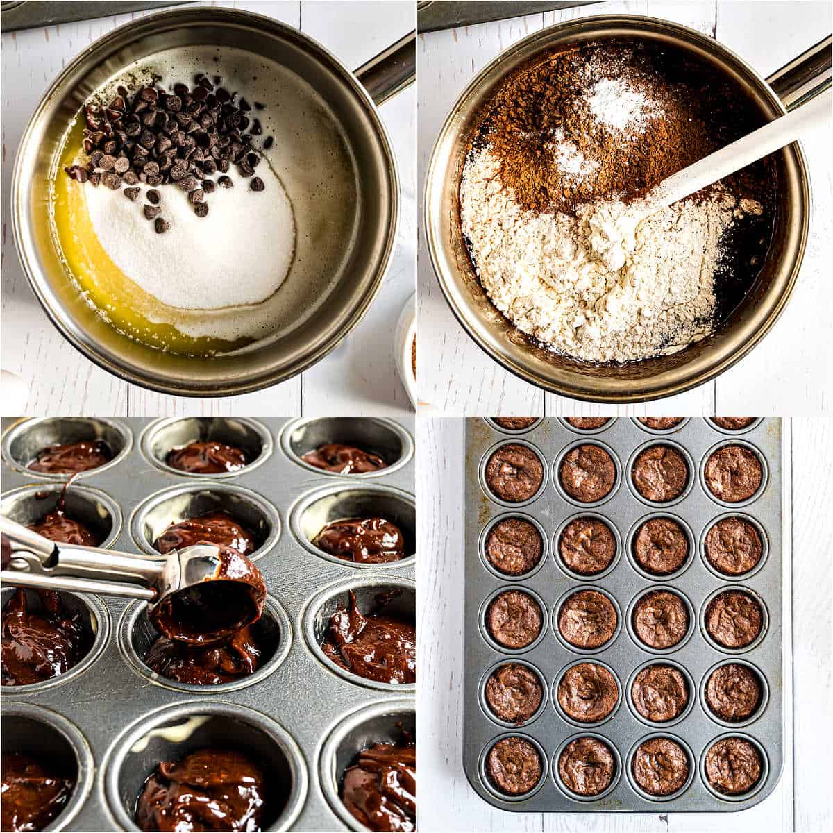 Step by step photos showing how to make brownie bites.