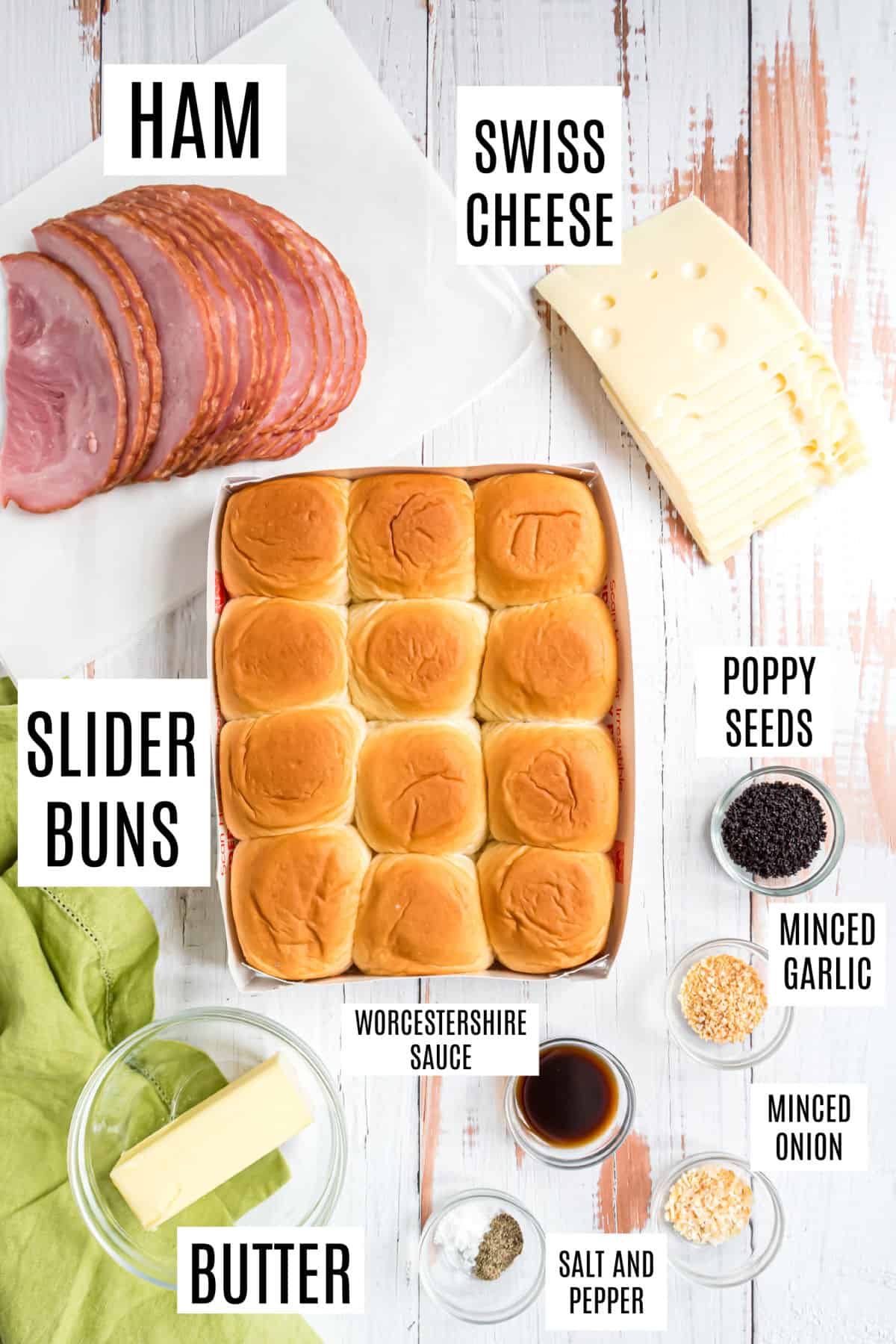 Ingredients needed to make ham and cheese sliders.