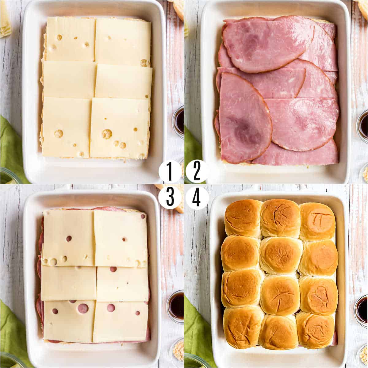 Step by step photos showing how to make ham and cheese sliders.