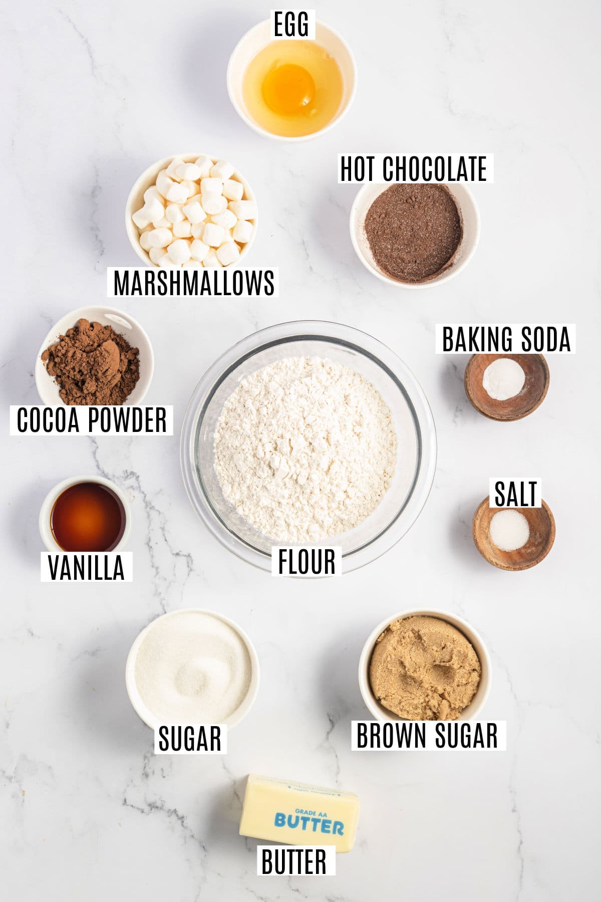 Ingredients needed to make hot cocoa cookies.