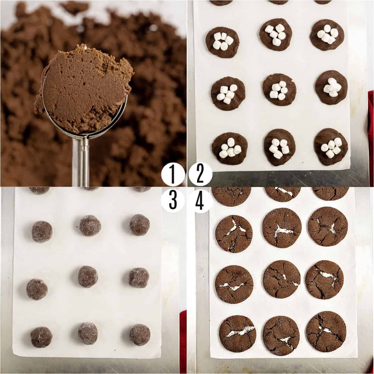 Step by step photos showing how to make hot cocoa cookies.