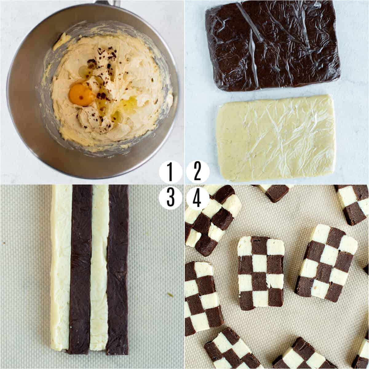 Step by step photos showing how to make checkerboard cookies.