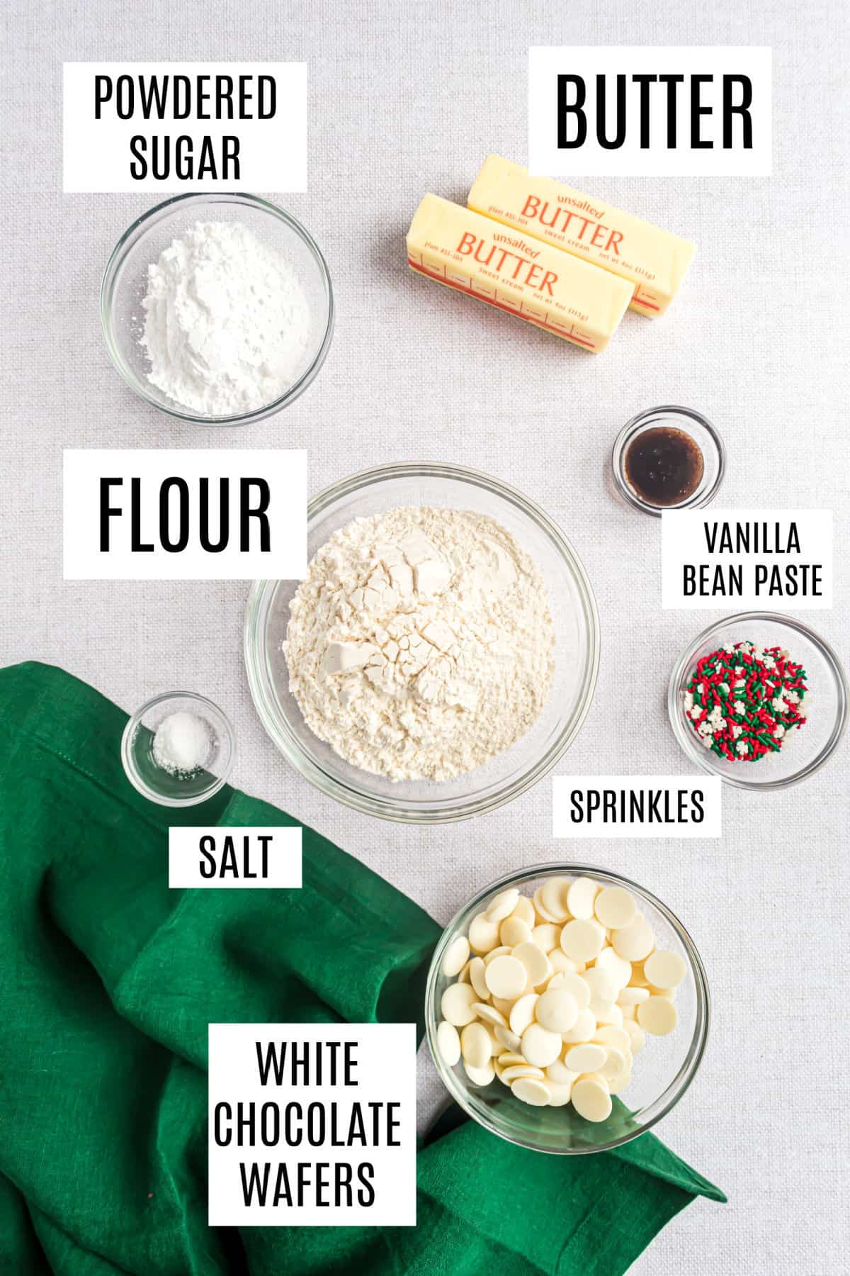 Ingredients needed to make christmas shortbread cookies.