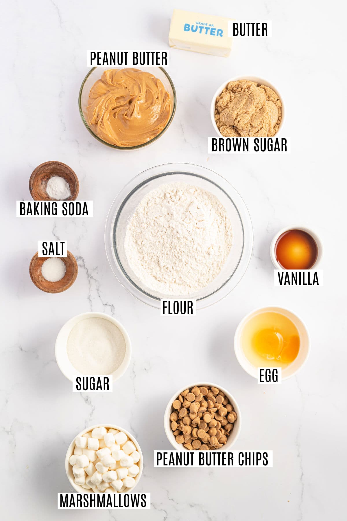 Ingredients needed to make fluffernutter cookies.