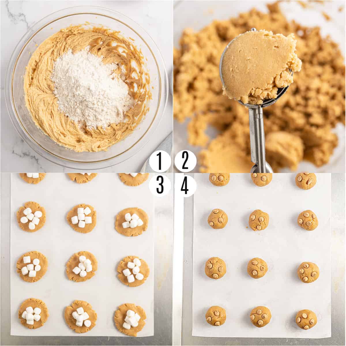 Step by step photos showing how to make fluffernutter cookies.