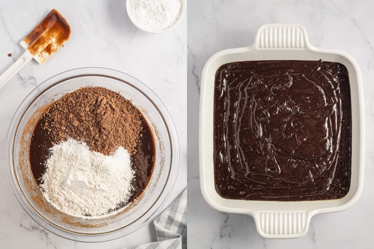 Step by step photos showing how to make french silk brownie base.