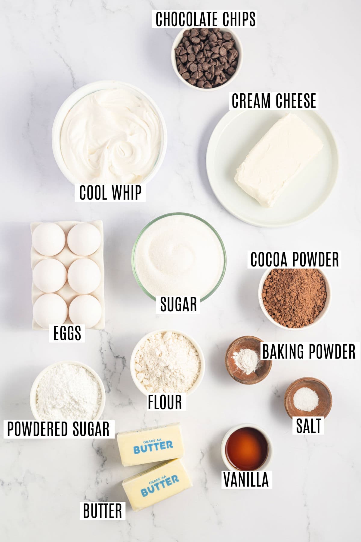 Ingredients needed to make french silk brownies.