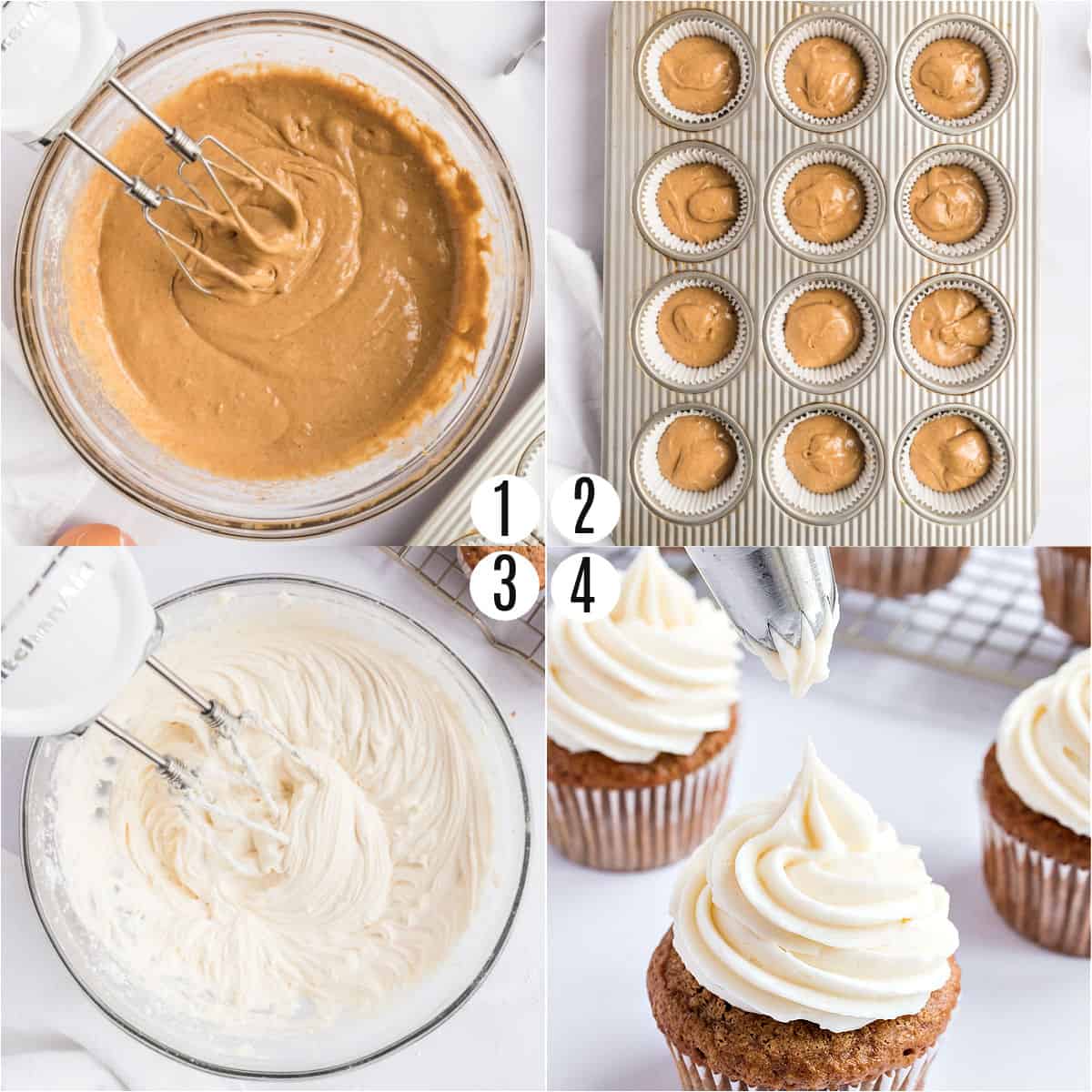 Step by step photos showing how to make gingerbread cupcakes.
