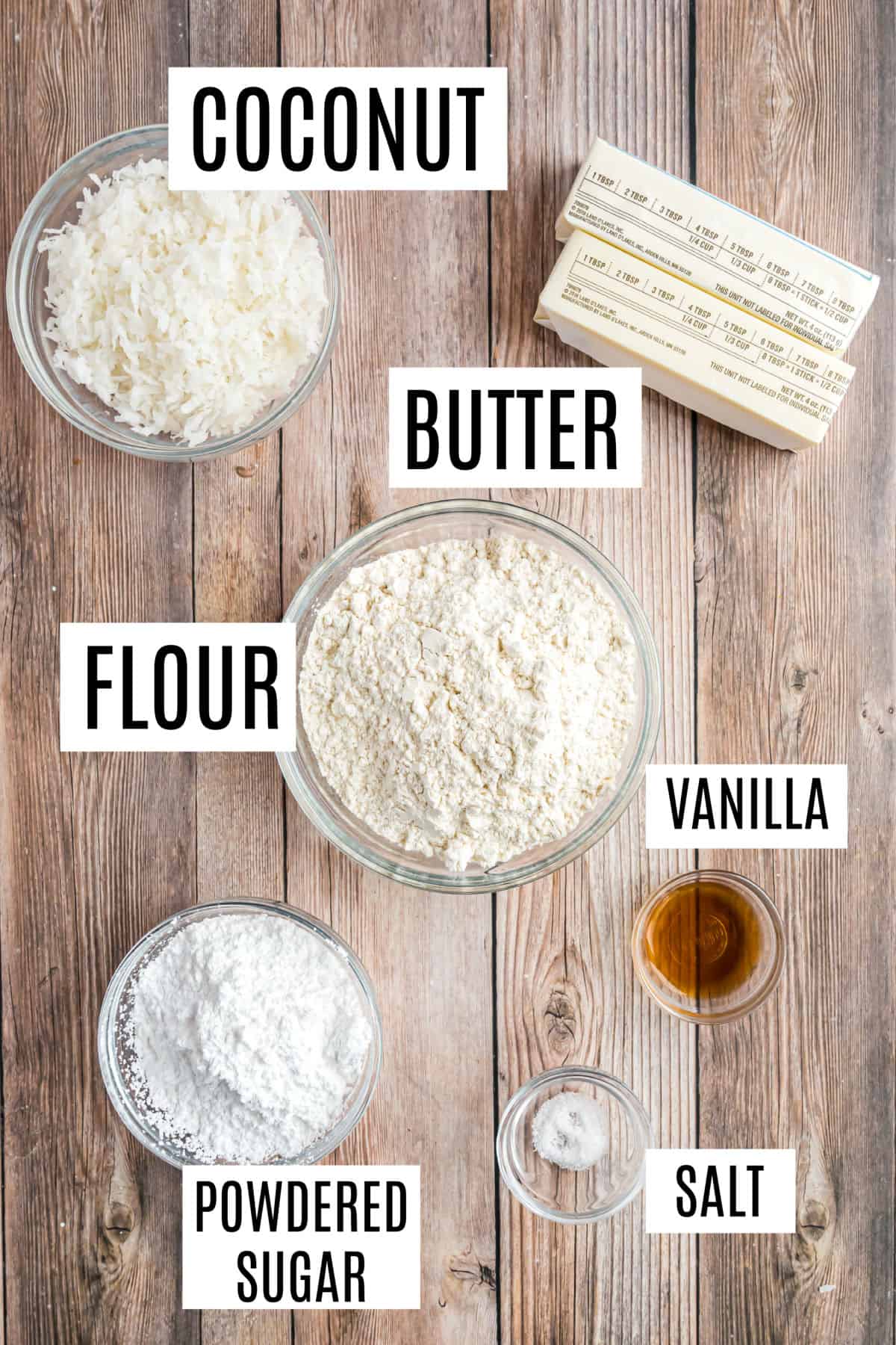 Ingredients needed to make coconut shortbread.