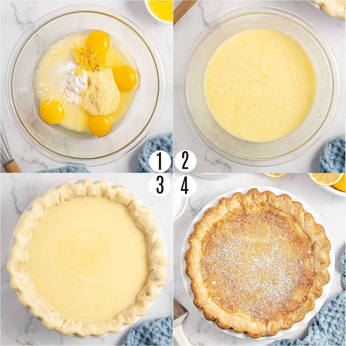 Step by step photos showing how to make lemon chess pie.