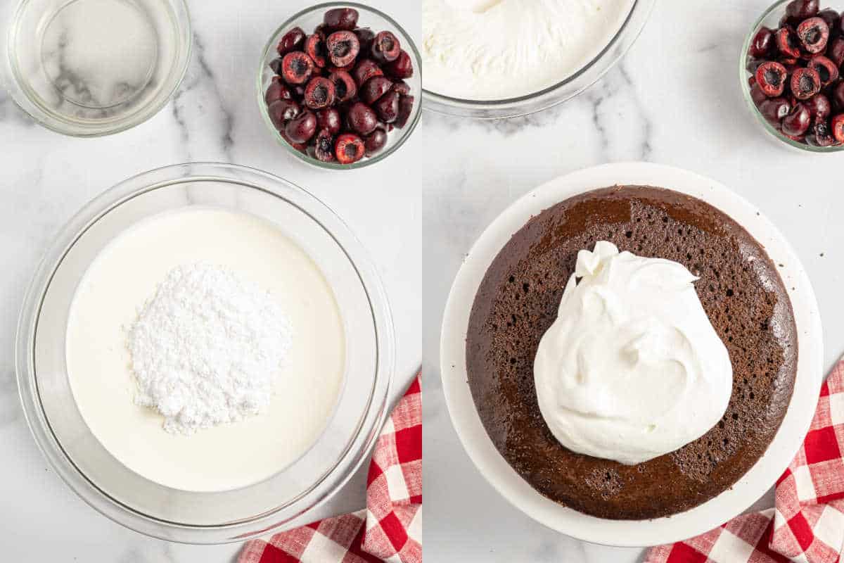 Step by step photos showing how to make whipped cream for cake.