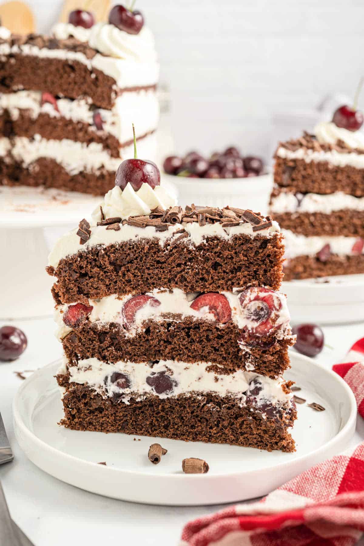 Slice of black forest cake served on a white dessert plate.