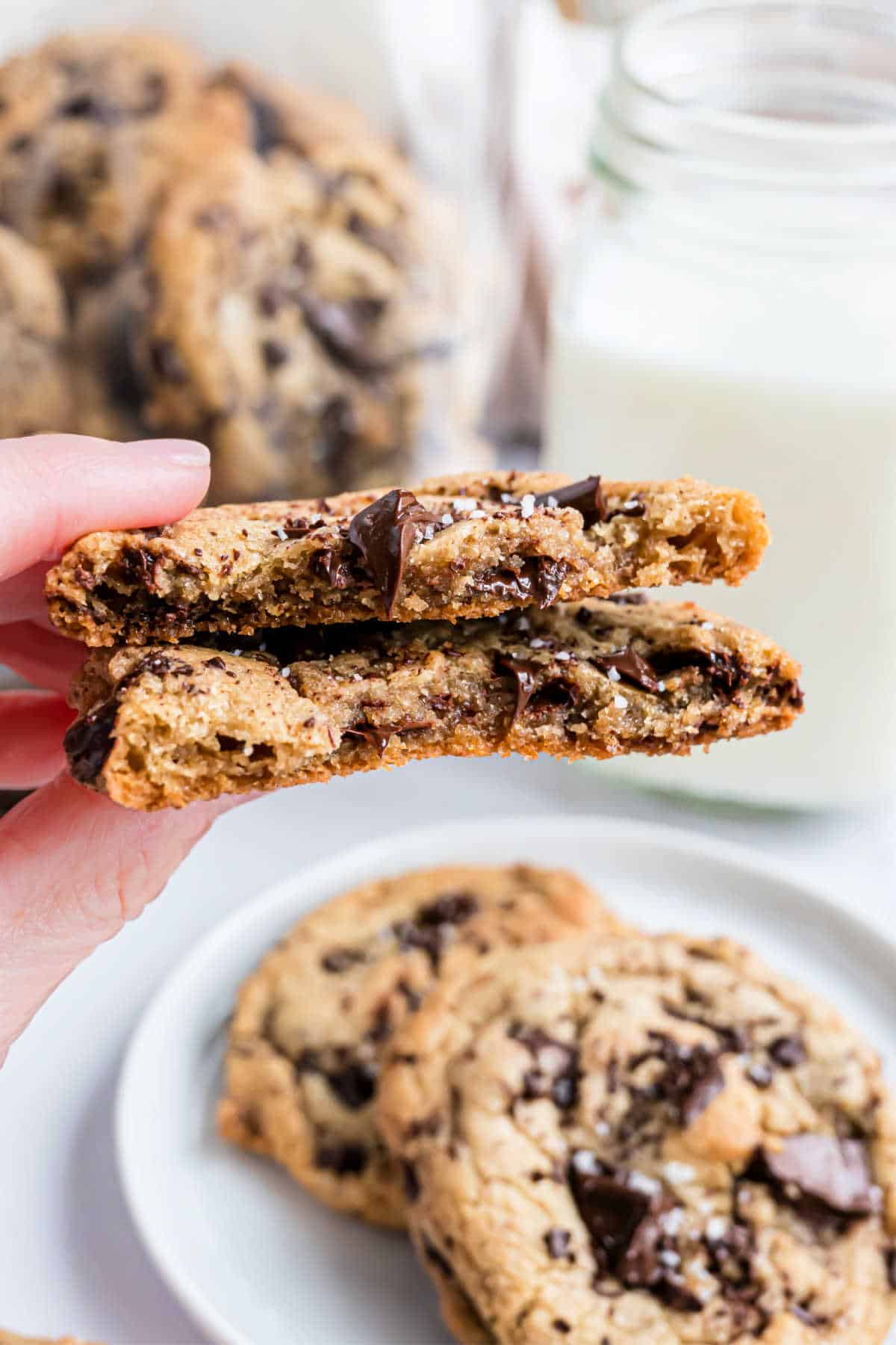 Brown butter cookie broken in half.