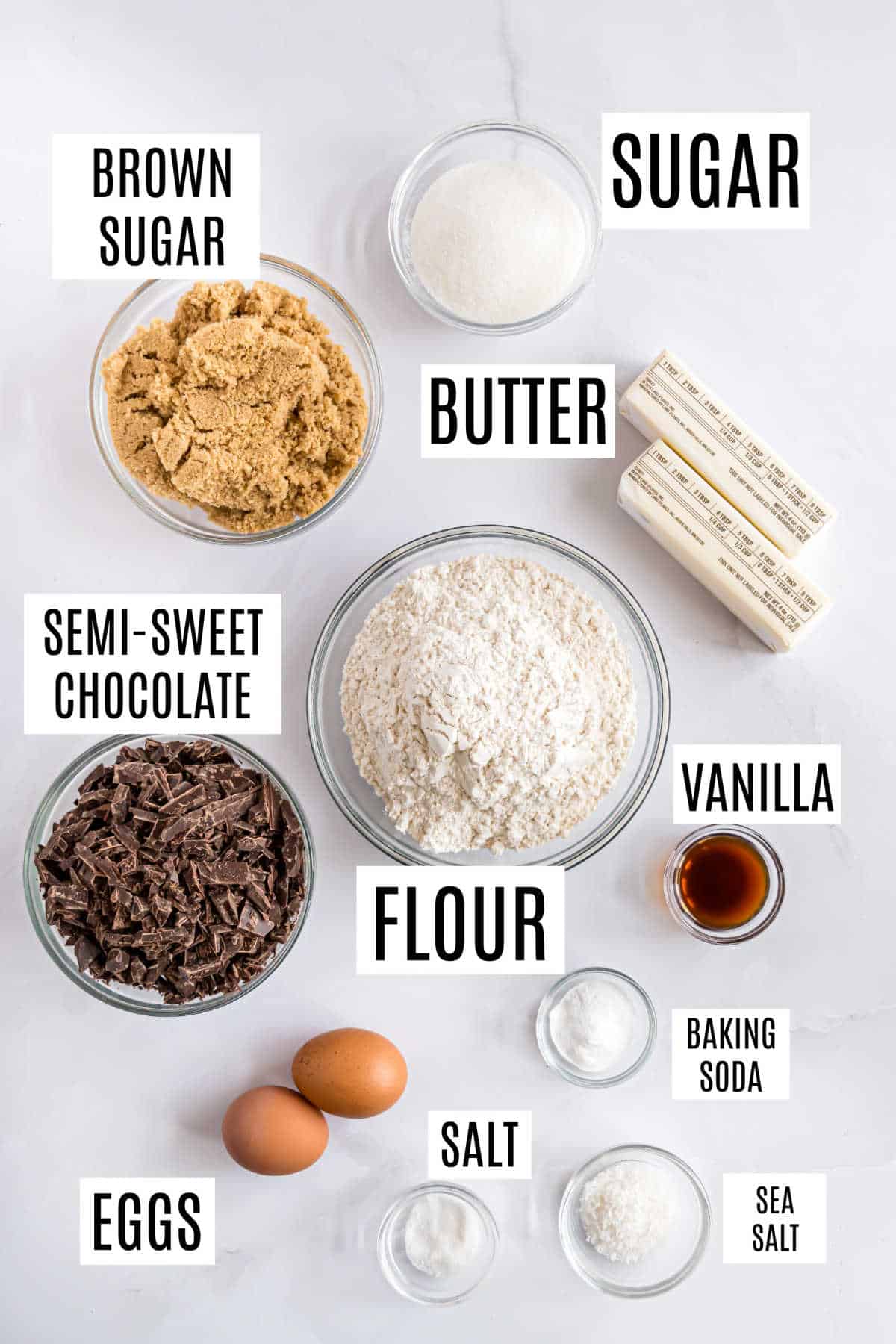 Ingredients needed to make brown butter cookies.