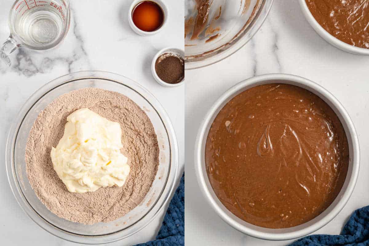 Step by step photos showing how to make chocolate mayonnaise cake batter.