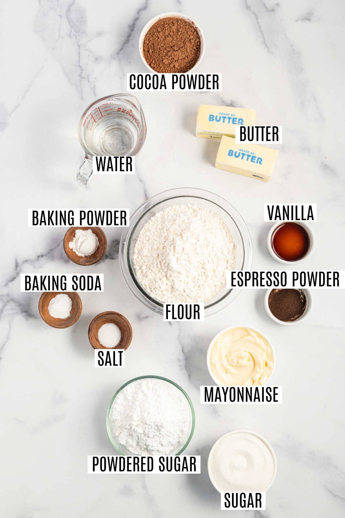 Ingredients needed to make chocolate mayonnaise cake.