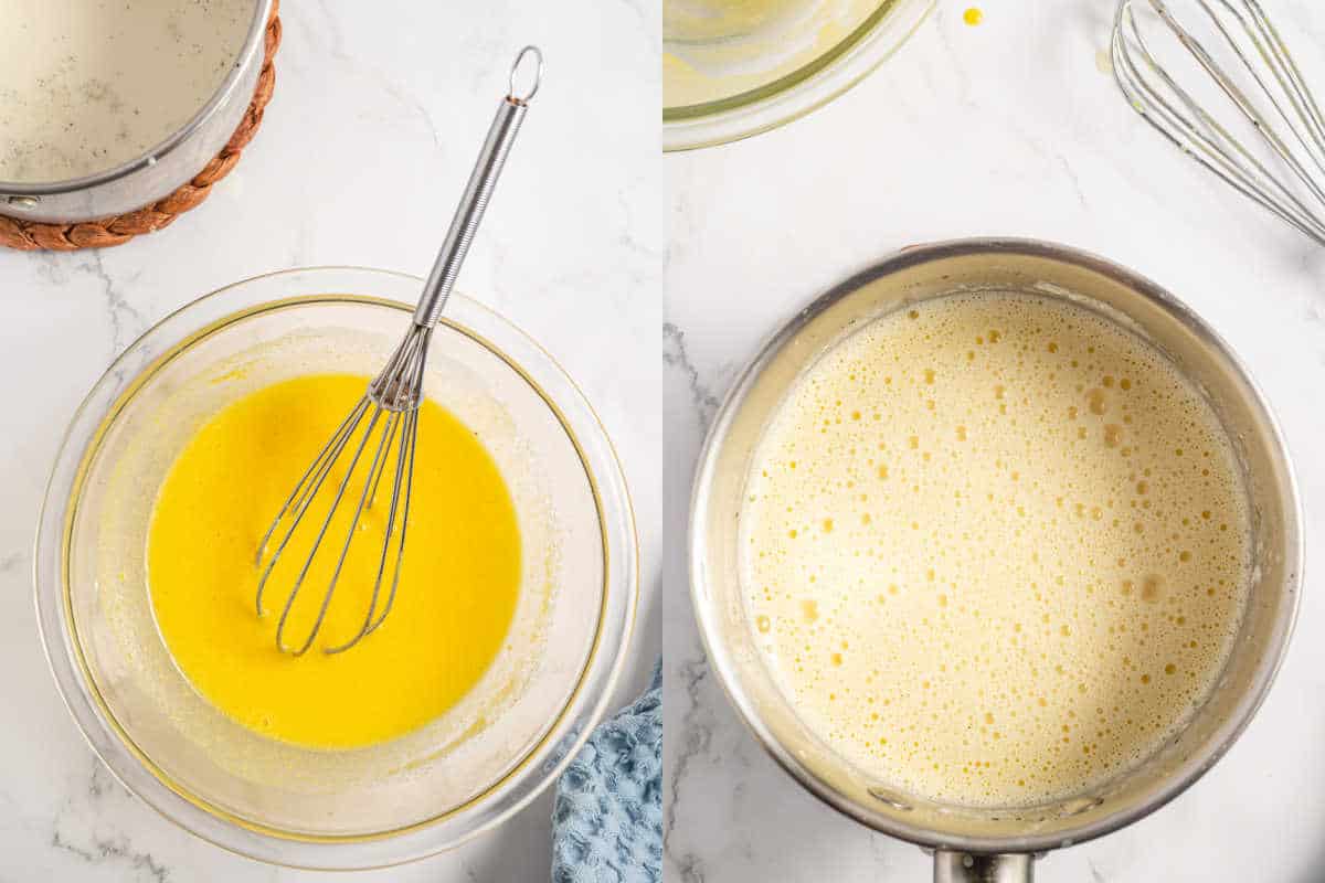 Step by step photos showing how to temper eggs for creme brulee.