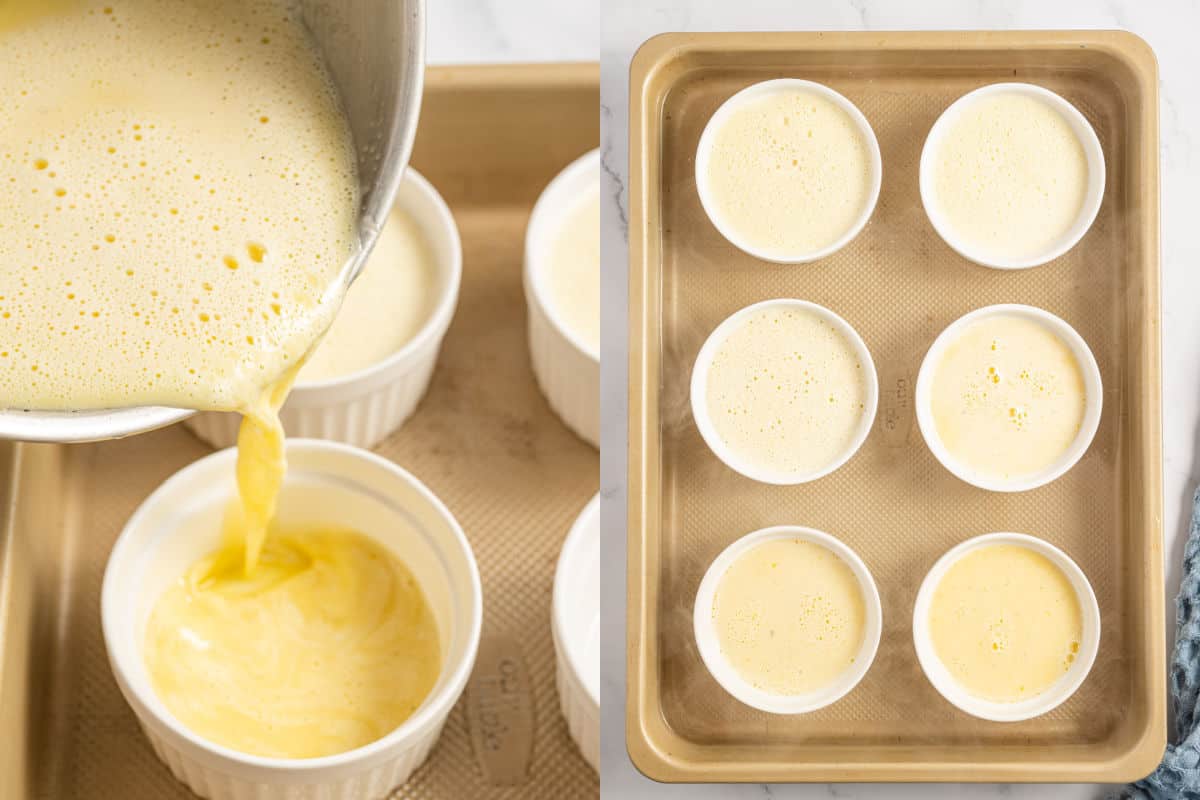 Step by step photos showing how to fill ramekins with creme brulee.